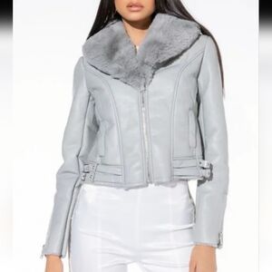 Azalea Wang Gray Vegan Leather Jacket with Faux Fur Collar nwt